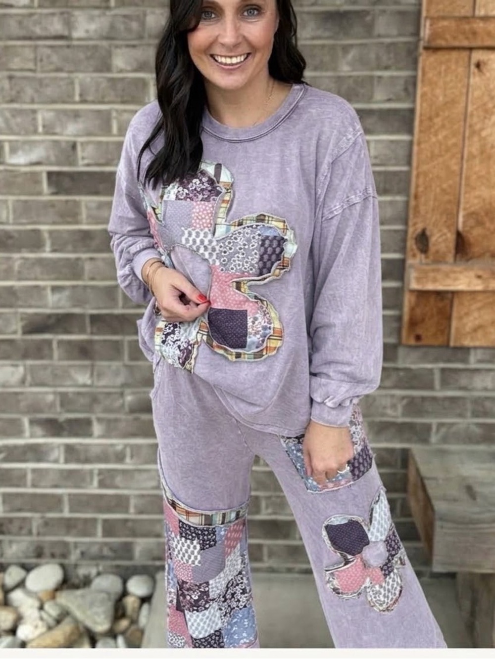 J.Her Soft lavender Mineral Washed Boho Daisy Patch Pants